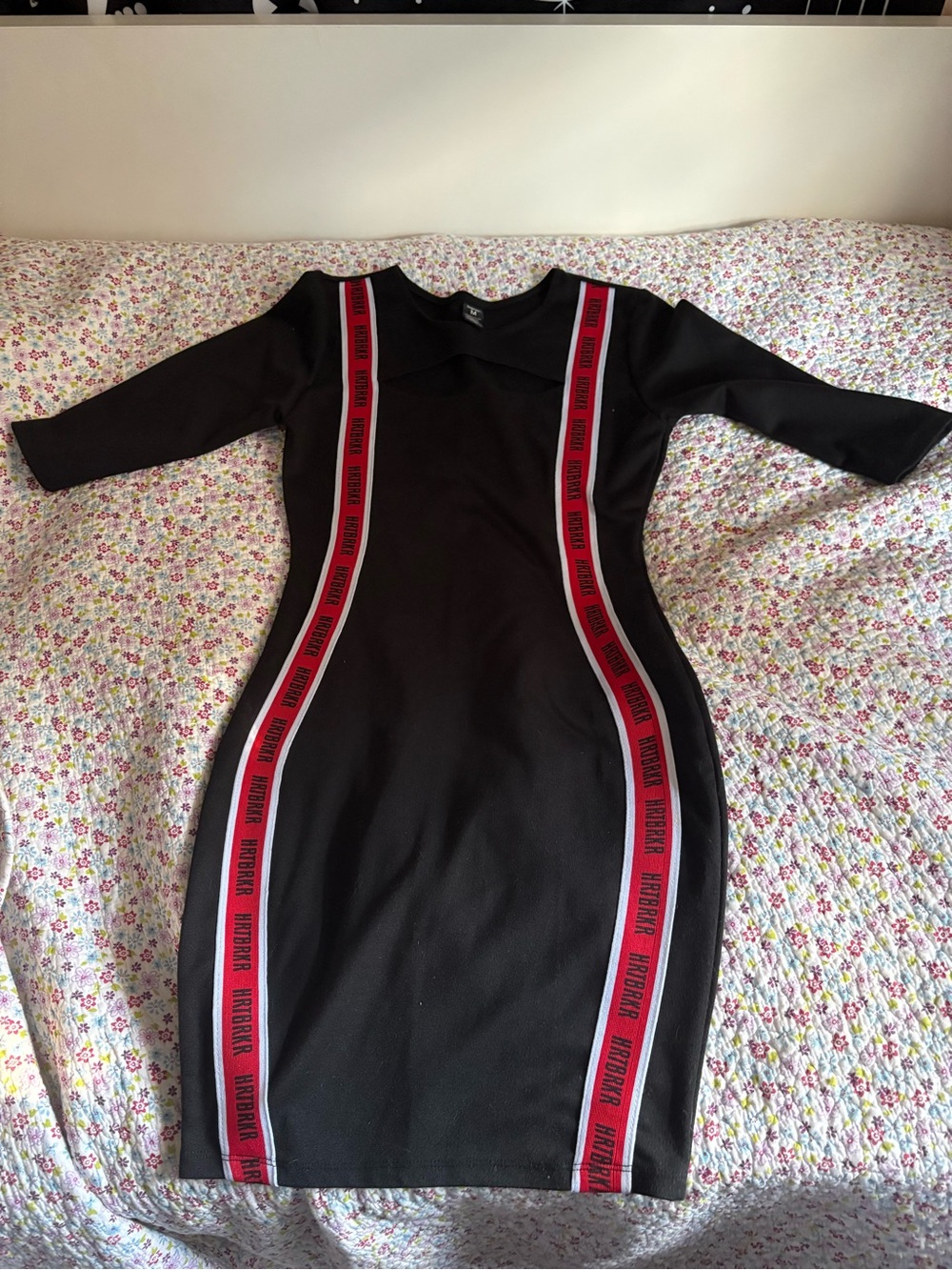 Black Mini Bodycon Dress with Red Stripe Detail
